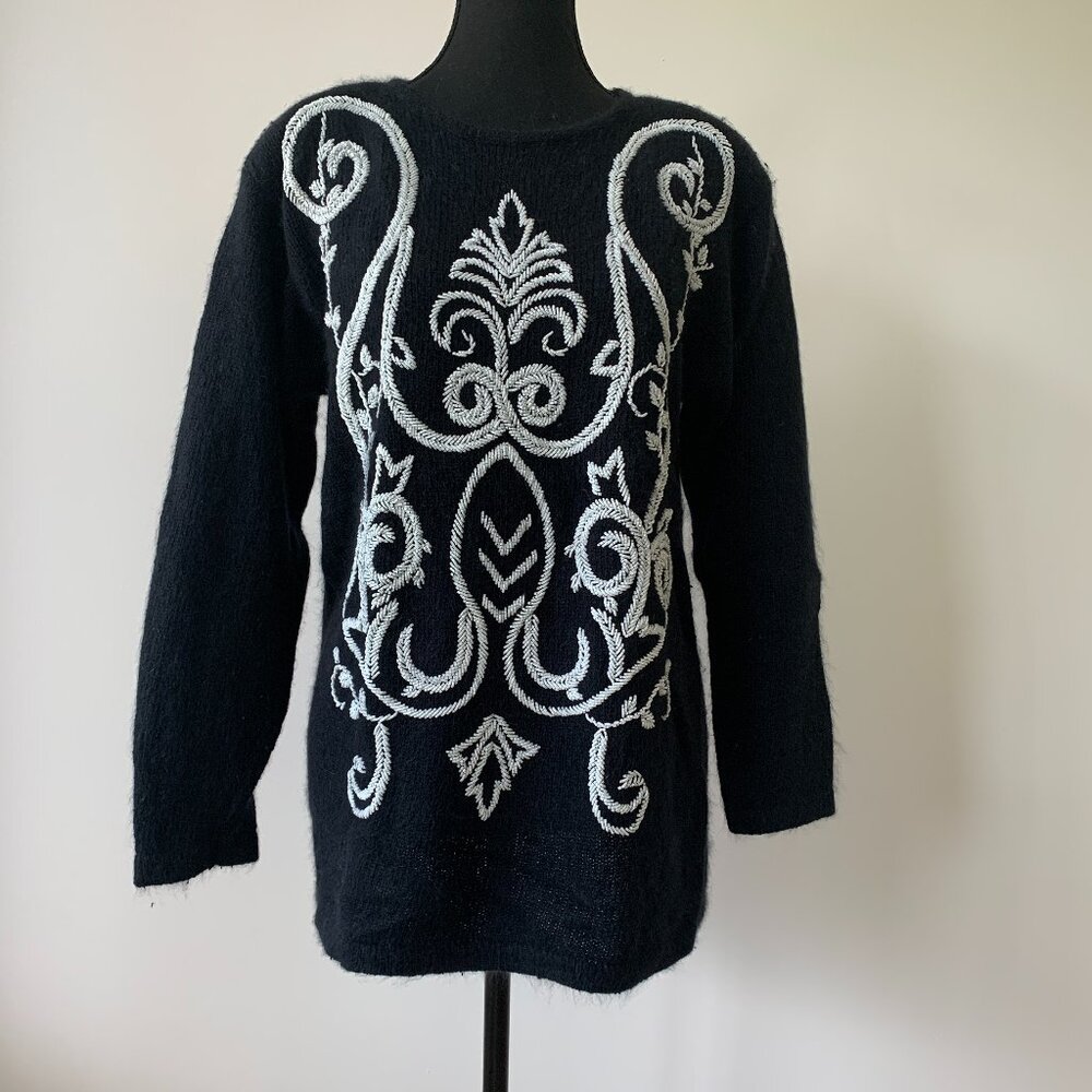 Vintage I.B. Diffusion Black Beaded Sweater with Shoulder Pads - Medium